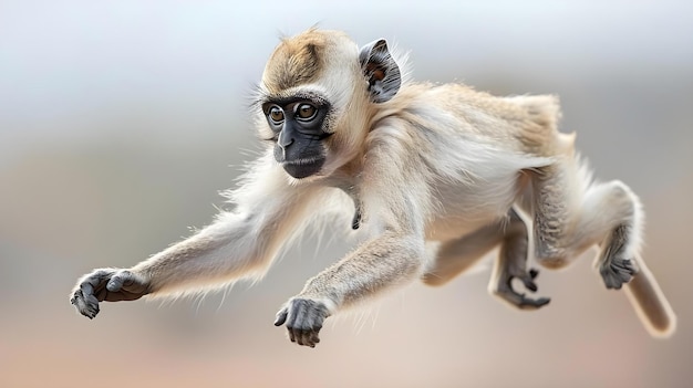 Foto gracioso salto de um lhoest39s mono conceito natureza vida selvagem comportamento animal primatas acrobacias
