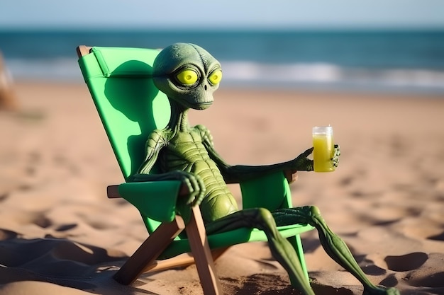 Gracioso turista alienígena verde se va de vacaciones a la playa relajándose en una silla de playa con bebida tropical Generative AixA