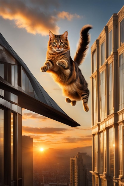 Foto gracioso y valiente bigode de gato saltando de edificio en edificio al atardecer graciosa ilustración cómica