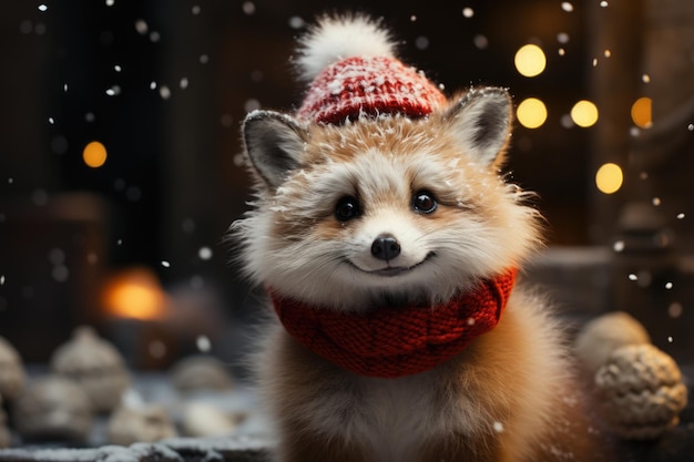 Gracioso zorro blanco con sombrero rojo de Papá Noel Feliz Navidad