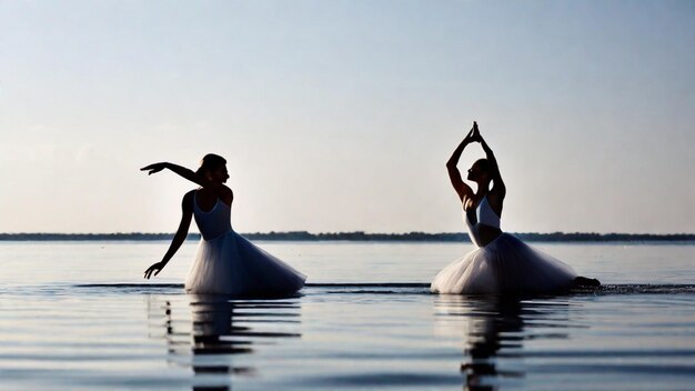 Graciosos bailarines de ballet realizan un elegante ballet acuático