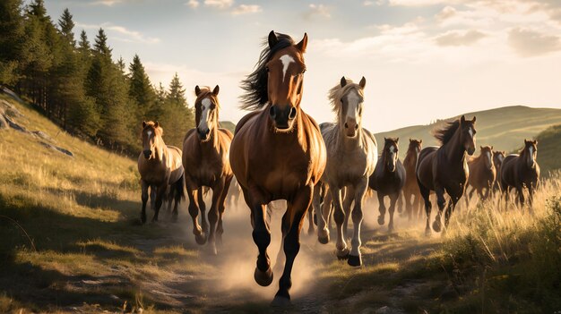 Graciosos caballos vagabundos en pastos en campos dorados