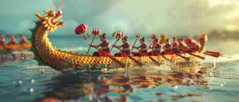 Foto graciosos corredores de botes dragón cortan a través del agua al unísono una fusión de tradición y trabajo en equipo