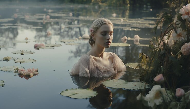 gradación de color cinematográfica estilo tim walker del lago del bosque