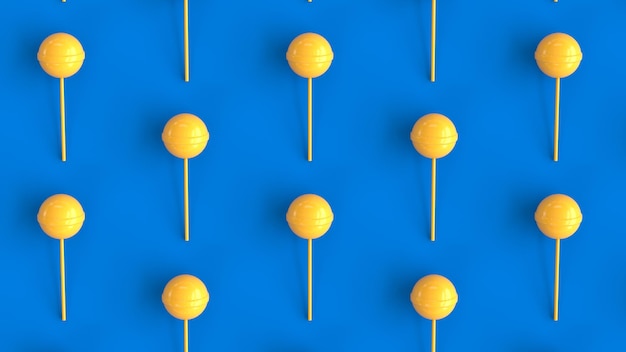 Grade de doces de pirulito amarelo sobre fundo azul renderização 3d ilustração 3d