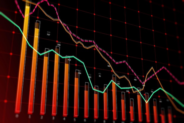 Grade de gráfico de crise vermelha descendente em fundo escuro Recessão e conceito de queda econômica Renderização em 3D