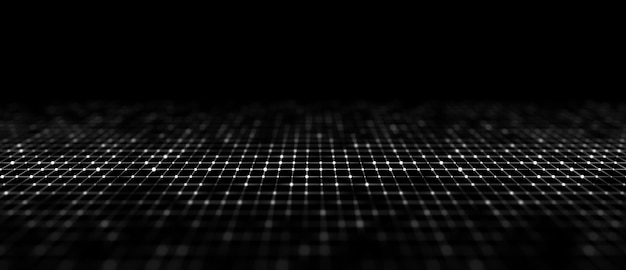 Grade de perspectiva abstrata Fundo digital em estilo retrô Paisagem de arame em fundo preto renderização em 3d
