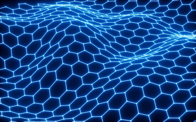 Grade hexagonal brilhante fundo neon renderização 3d Desenho digital