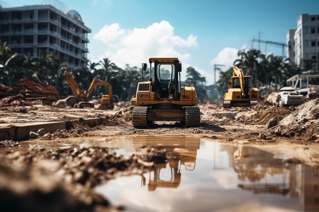 Grader en un sitio de construcción con grúas altas en el fondo Mejor imagen de grader