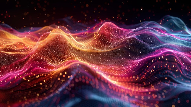 Gradient-Hologramm dynamische Welle von Partikeln auf einem digitalen Technologie-Hintergrund