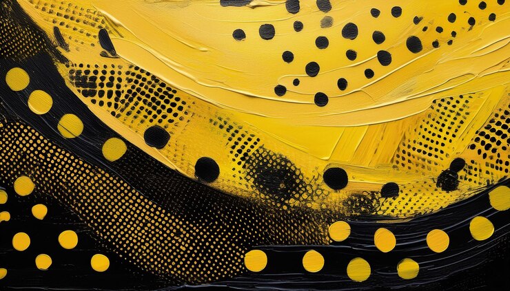 Foto gradiente preto e amarelo abstrato com pontos de meio tom e textura grunge angustiada pintado à mão