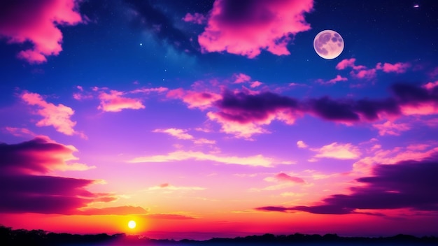 Gradiente púrpura cielo místico de luz de luna con nubes y estrellas fondo de pantalla de teléfono generado por IA