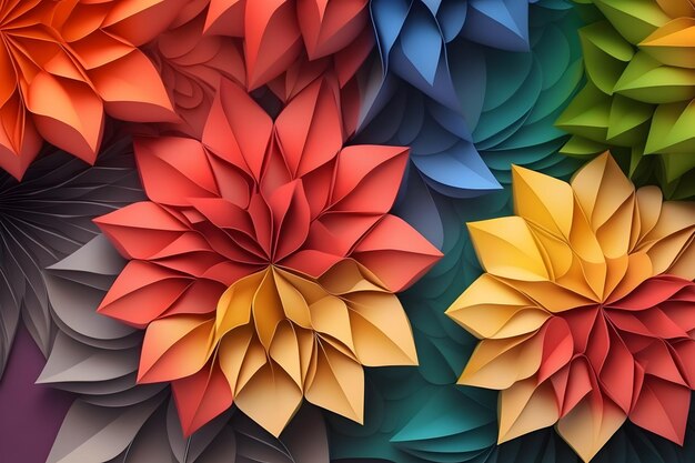 Gradienter Hintergrund mit spielerischen farbenfrohen Blumen im Origamistyl
