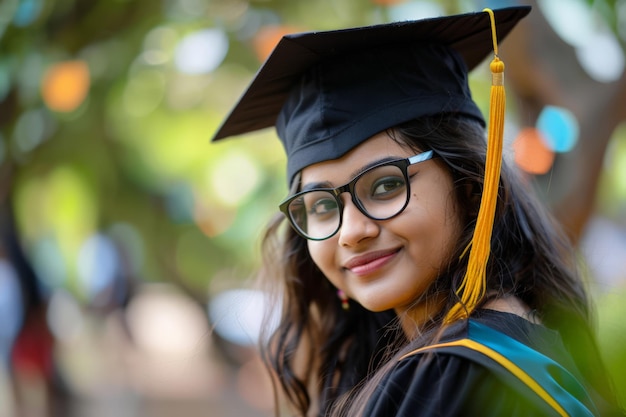 Graduada sonriente con gorra y túnica con fondo bokeh de la naturaleza