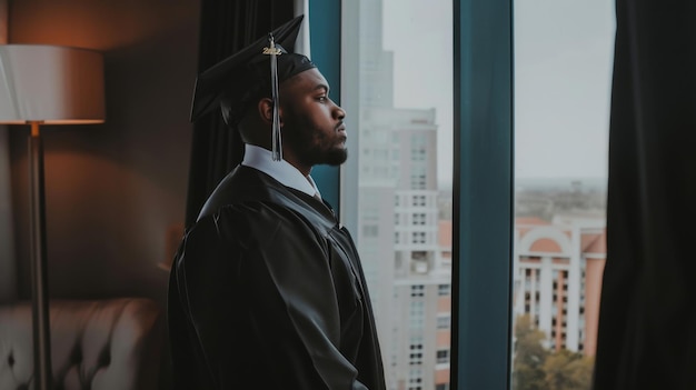 Graduado atencioso num quarto elegante