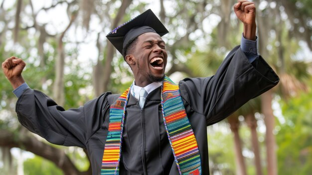 Foto un graduado celebrando con un baile de victoria y una bomba de puño