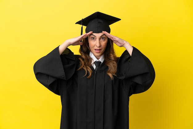 Graduado de meia-idade isolado em um fundo amarelo com expressão de surpresa