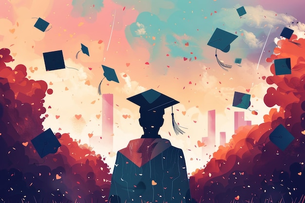 Foto graduado de volta em fundo colorido abstrato com ilustração de boné de graduação