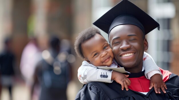 Graduado em regalia abraça com alegria uma criança