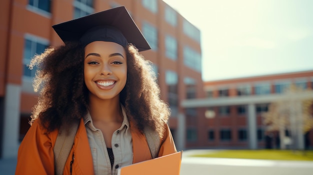 Graduado feliz usando uma capa em frente à faculdade criado com tecnologia de IA generativa