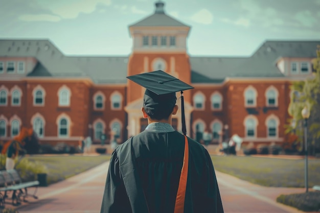 Foto graduado masculino de pie frente a un edificio universitario