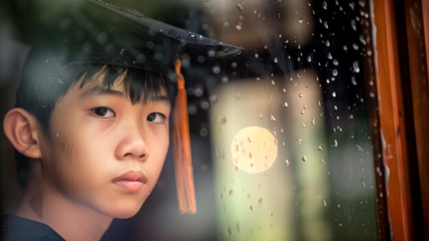 Graduado olhando para o campus por uma janela