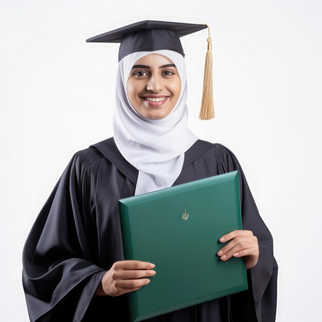 Graduado saudí con un certificado enrollado Sonrisa alegre Confidente aislado fondo blanco