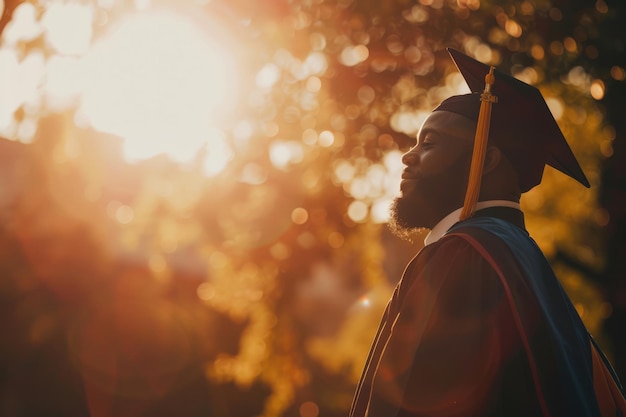 Graduado sereno com chapéu e roupa ao pôr-do-sol, sentimento de realização e esperança.