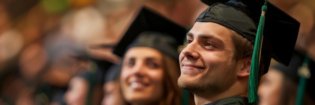 Graduado con una sonrisa ajustando su gorra en el resplandor de una ceremonia universitaria