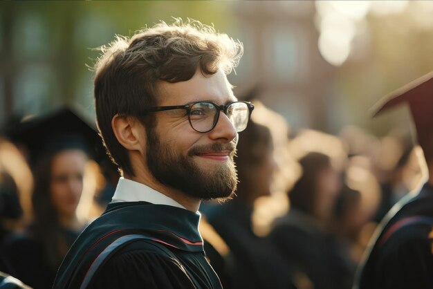 Foto graduado universitário feliz em túnica preta ao ar livre