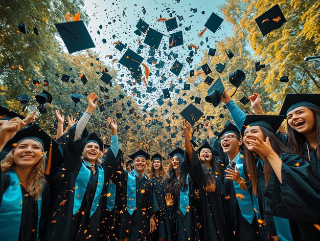 Foto graduados a atirar o boné no ar.