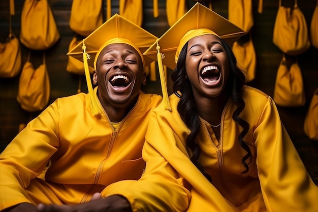 Graduados africanos divertindo-se com chapéus e roupas amarelas de graduados Conceito de educação e sucesso