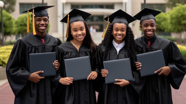 Graduados bem-sucedidos em trajes acadêmicos possuem diplomas e sorriem ao ar livre
