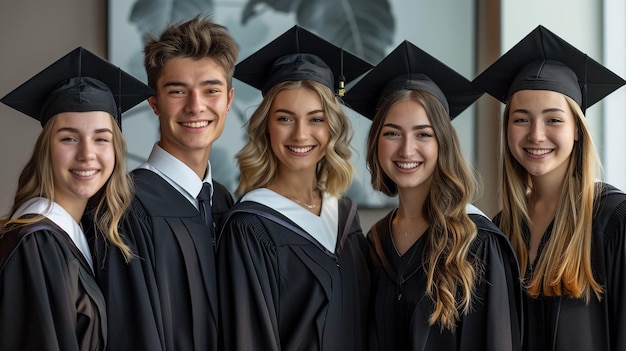 Graduados bem-sucedidos em vestidos acadêmicos estão segurando diplomas olhando para a câmera e sorrindo enquanto pulam para a foto ao ar livre