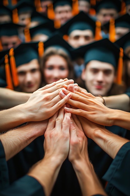 Foto graduados de mãos dadas como símbolo de unidade e apoio