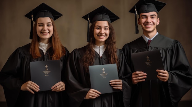 Graduados exitosos con vestidos académicos sostienen diplomas y sonríen