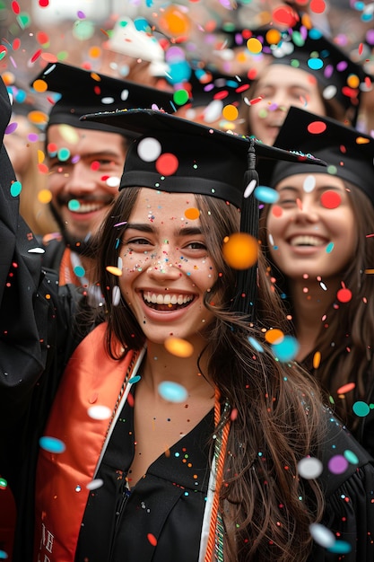 Foto los graduados lanzan confeti en el aire.