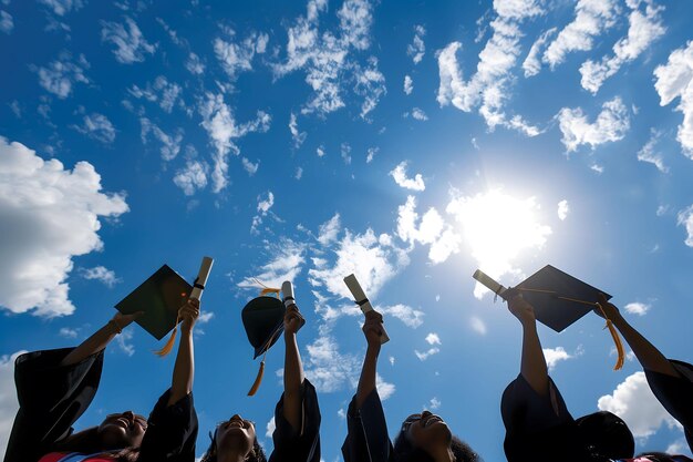 Los graduados lanzan sombreros de graduación al cielo.