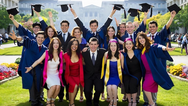 Graduados multinacionales hombres y mujeres celebrando la graduación en el campus universitario quitando sus