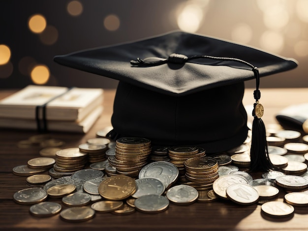 Graduate's Wealth Schwarze Abschlusskappe und US-Dollar-Tasche auf Rot