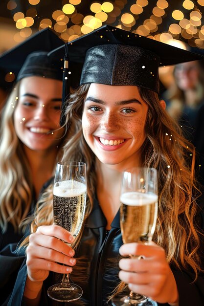 Foto graduates celebrate with champagne or make toasts with their friends