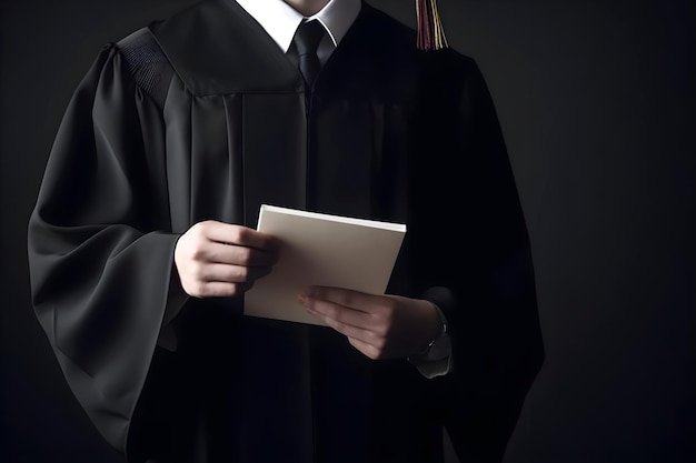 Graduatie em vestido preto segurando um livro Conceito de educação de volta à escola Generative AI