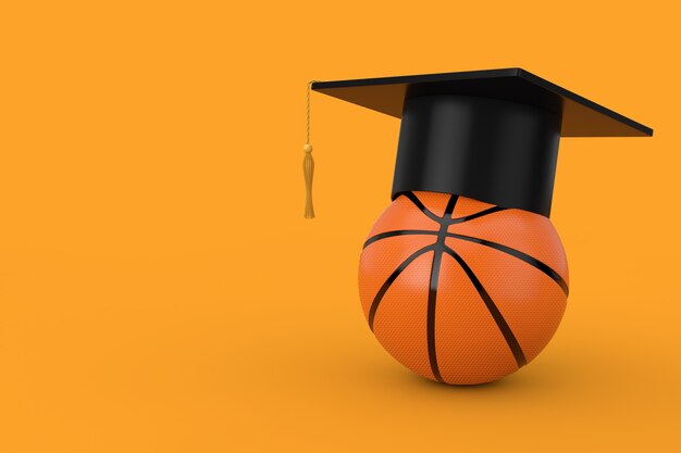 Graduation Academic Cap über Orange Basketball Ball auf gelbem Grund. 3D-Rendering