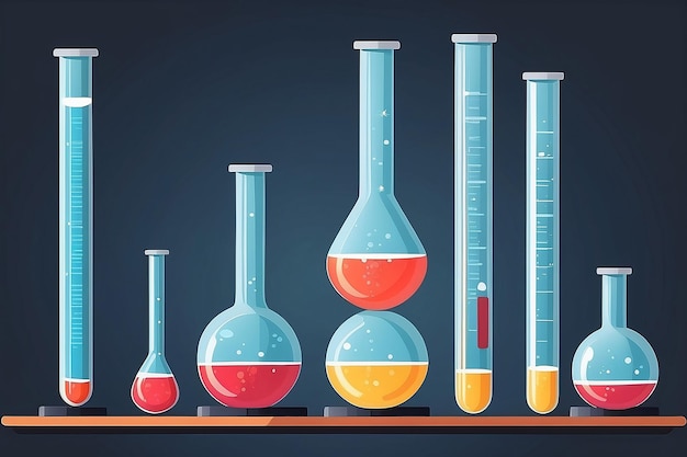 Graduierte Zylinder und Volumetrische Kolben auf Anzeigevektorillustration im flachen Stil