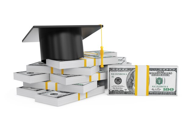 Graduierung Cap und Haufen von Dollar auf weißem Hintergrund. 3D-Rendering.