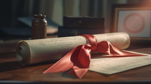 Graduierung Diplom Scroll mit rotem Band auf Holztisch geringe Schärfentiefegenerative ai