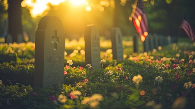 Gräber auf einem Friedhof bei Sonnenuntergang Amerikanische Flagge im Hintergrund ai generative