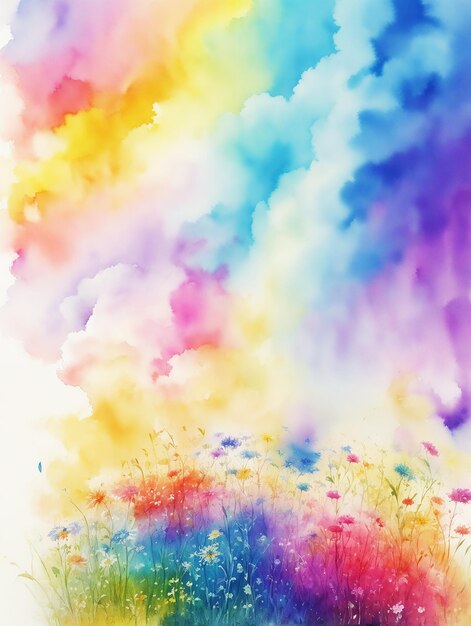 Gräser Blumen Paradies des geheimnisvollen Palastes Regenbogen flauschige Wolke Farbe auf Papier HD-Aquarellbild