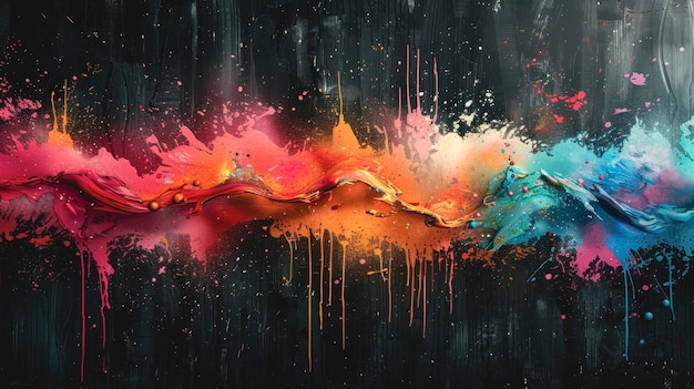 Graffiti abstracto sobre un fondo oscuro con gotas de pintura de colores