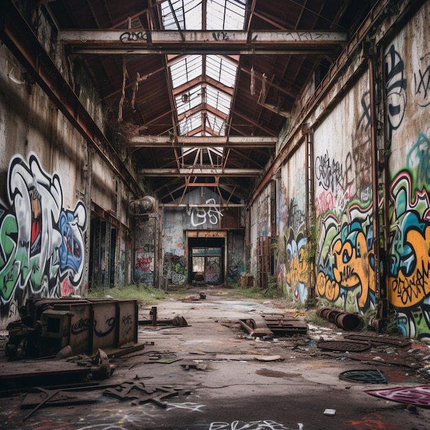 Graffiti cobriu paredes e teto em um prédio abandonado com uma clarabóia generativa ai